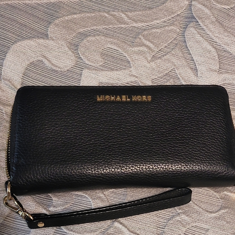 Michael Kors Black Leather Pouch with Gold Logo
